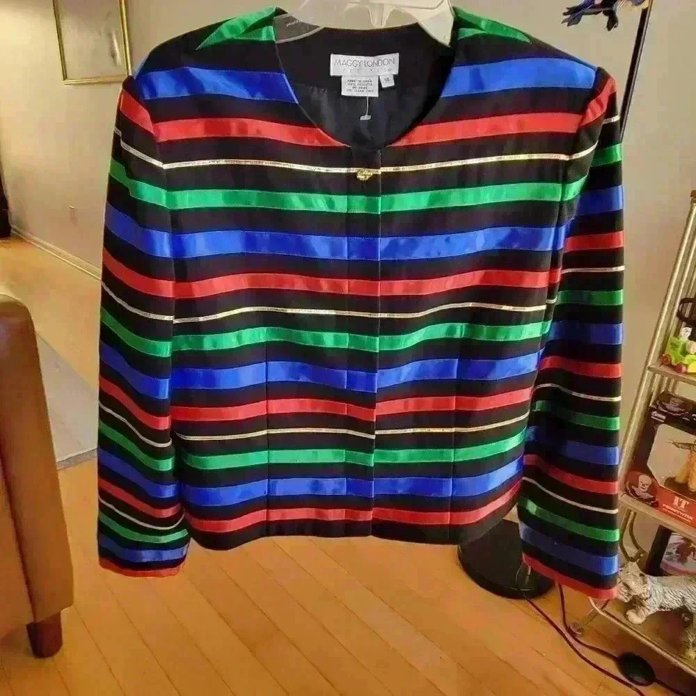 MAGGY LONDON Blazer Waist Jacket Size 14 Silky Rainbow Stripe Padded VTG - Picture 4 of 16